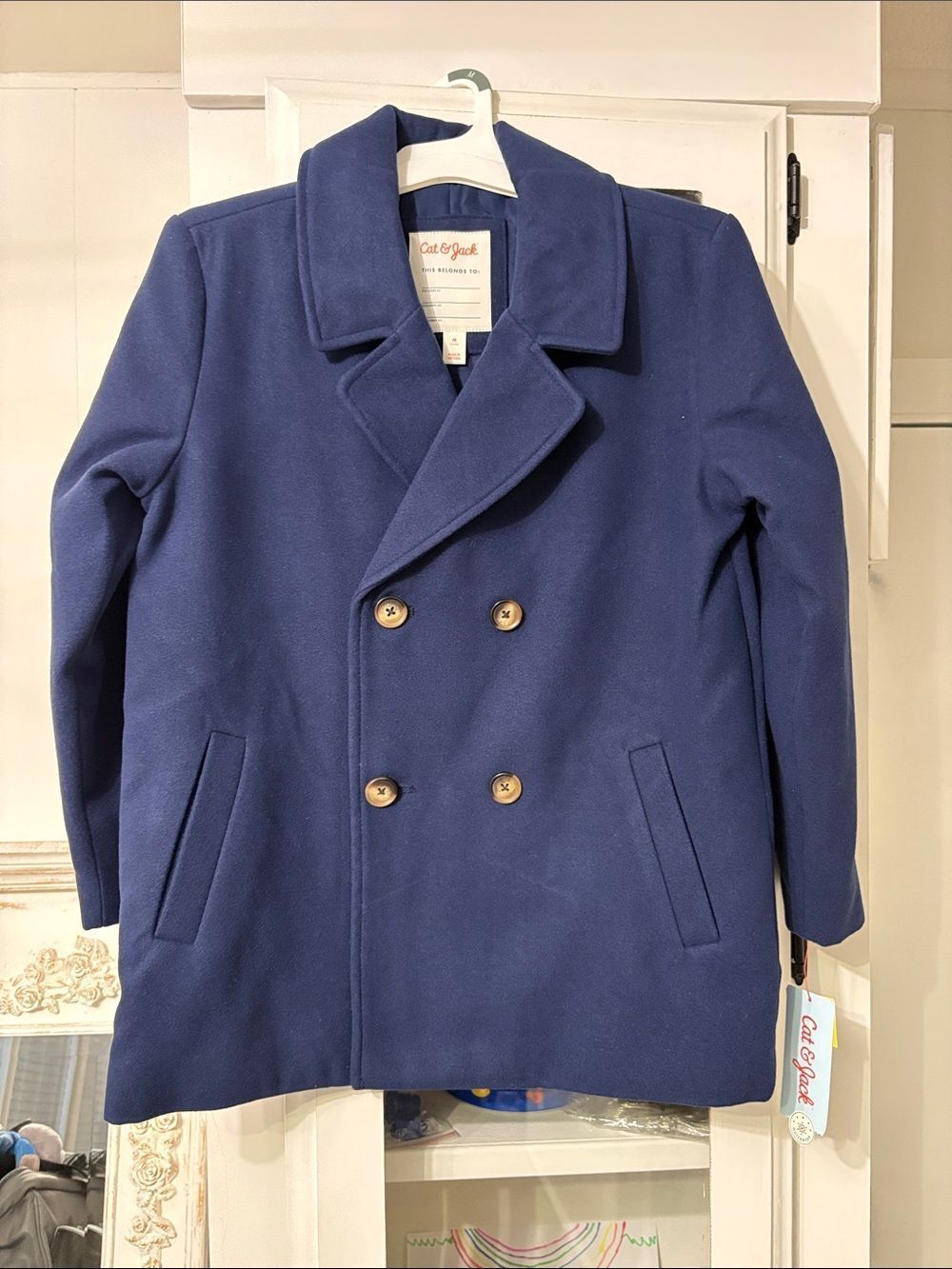 NWT Cat & Jack Navy Blue Double-Breasted Peacoat with Plastic Wood Buttons
